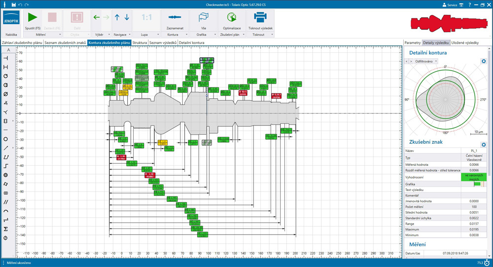 Vyhodnocovací software Tolaris Optic - Ukázka změřené demo hřídele